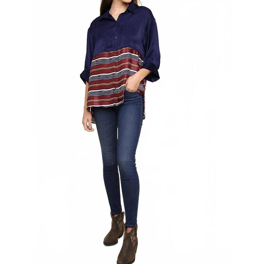 NEW UMGEE satin stripe colorblock button-down blouse in midnight